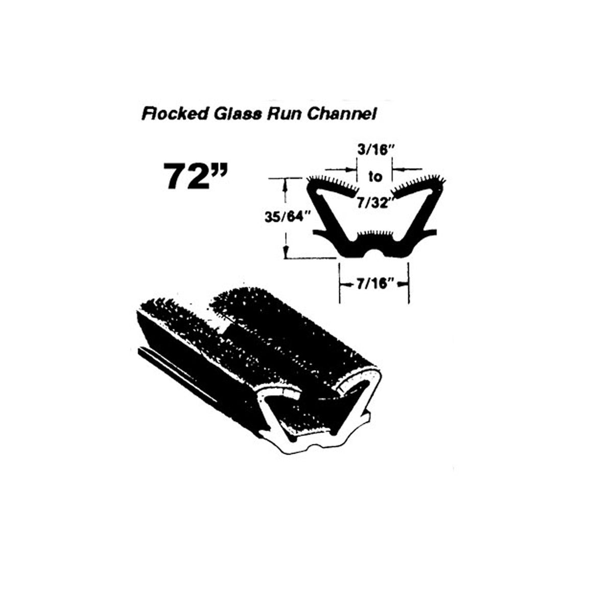 Flocked Glass Run Channel, Used on Upper & Lower Division Bars, 72" Pc WC 15-72