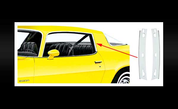 748567 - 1970-81 Camaro, Firebird; Rear Roof Rail Window Trim Moldings; Pair;