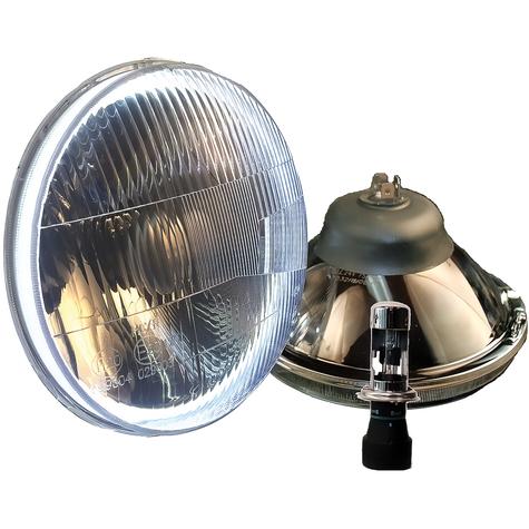 Delta Lights; Classic 7" Round High/Low Beam Headlight Kit; Domed Lens; 35W, 6,000k HID Bulbs; w/ Halo