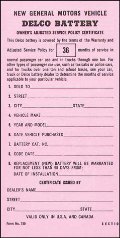 1965-68 Delco Battery Owners Certificate