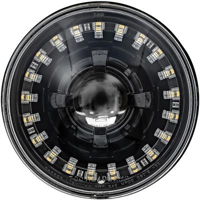 Dapper Lighting; LED Seven Projector Headlight; High/Low Beam; Black Housing; Clear Glass Lens; Modern Switchback Halo