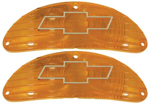 1955 Chevrolet Bel Air, 150, 210; Park Lamp Lenses; Amber; With Chrome Bow Tie; Pair