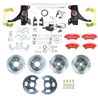 The Right Stuff 73-87 C10 Truck 2" Drop Chrome Hydraulic Assist 4-Wheel Kit Red Wilwood Calipers - (THB7355DZXP)