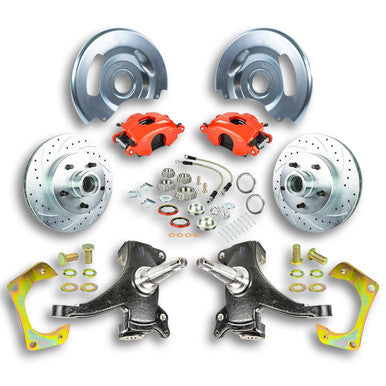 The Right Stuff 63-70 GM Truck/Suburban, 2WD, 2" Drop At The Wheel Disc Brake kit Red Calipers - (TWK6315DZ)