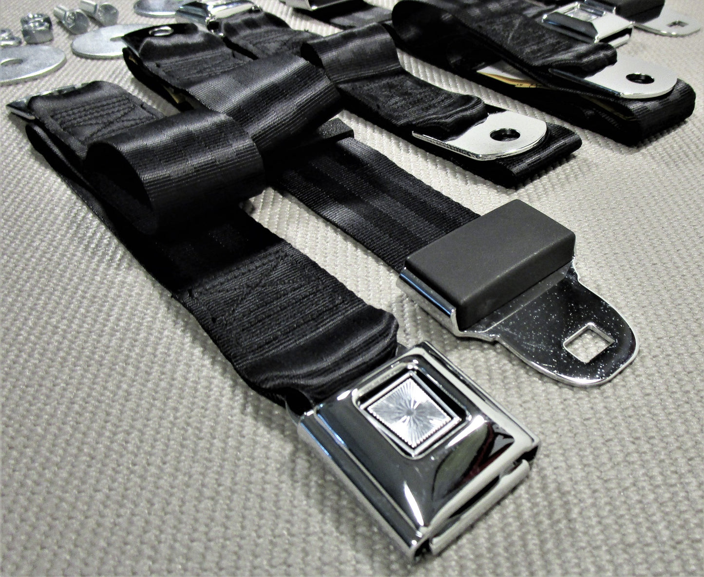 1955-1972 CHEVROLET GMC PICK-UP TRUCK CHROME OE STYLE BLACK SEAT BELTS 3 SETS