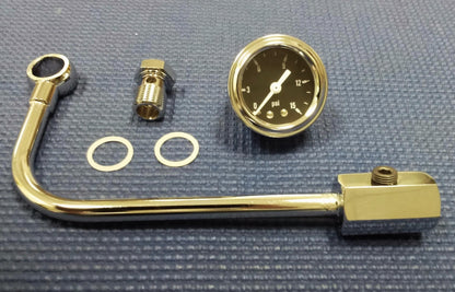 CHROME STEEL INLET FUEL LINE W/ PRESSURE GAUGE F/ EDELBROCK & CARTER CARBURETORS