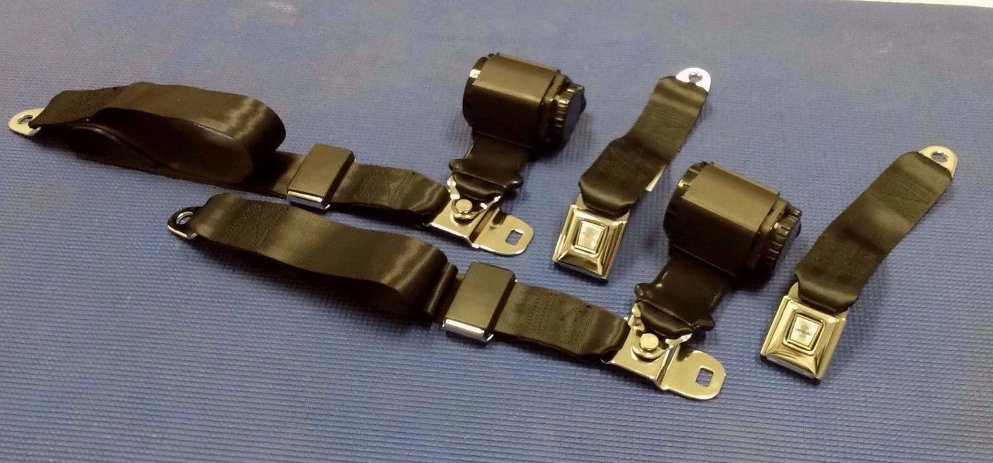 1970 -1973 CHEVROLET CORVETTE FACTORY FIT RETRACTABLE BLACK SEAT BELTS 2 SETS