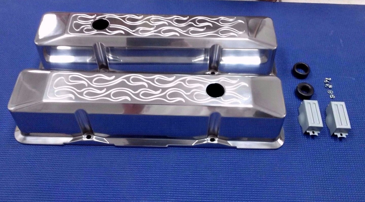 1957-1986 CHEVROLET GMC PICKUP TRUCK SML BLK TALL ALUMINUM VALVE COVERS W/FLAMES