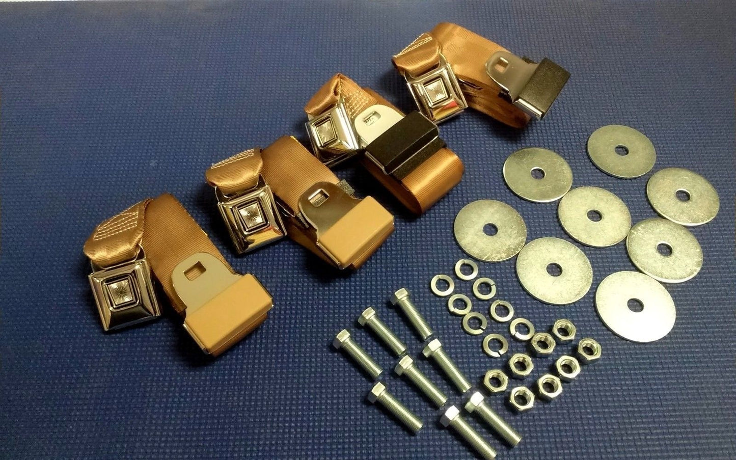 CHEVROLET BEL AIR IMPALA VINTAGE PUSH BUTTON CHRM TAN SEAT BELTS 4 COMPLETE SETS