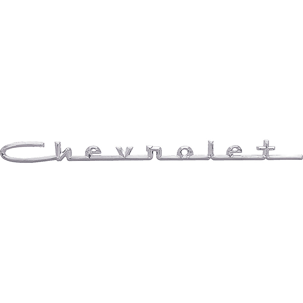 3733212 - 1957 Chevy 150, 210; Fender, Hood, Quarter Panel, Trunk Emblem; Chevrolet Script; for V8 Models; Chrome