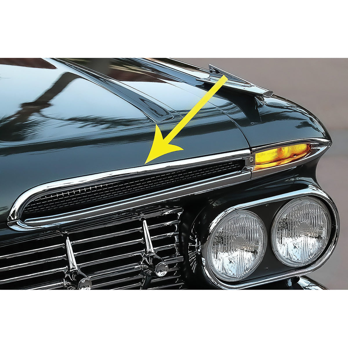 3755073 - 1959 Chevrolet Impala, Bel Air, Biscayne; Hood Grill Screen Upper Molding; LH Driver Side