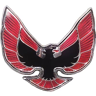 494476 - 1974-76 Pontiac Firebird; Front End Panel Emblem; Red & Black; with Hardware; GM Licensed