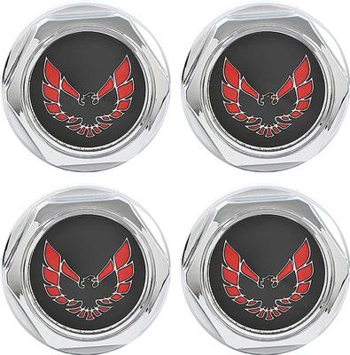 748665 - 1977-81 Firebird Trans Am; Wheel Center Caps; Chrome; Red Emblem; with Metal Retaining Clips; Set of 4