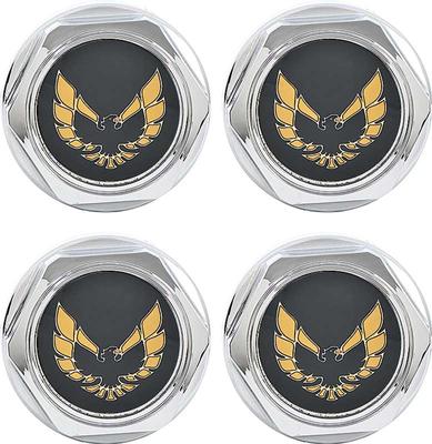 748666 - 1977-81 Firebird Trans Am; Wheel Center Caps; Chrome; Gold Emblem; with Metal Retaining Clips; Set of 4