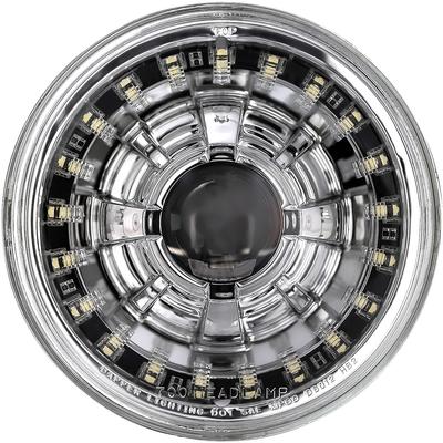 Dapper Lighting; LED Seven Projector Headlight; High/Low Beam; Chrome Housing; Clear Glass Lens; Modern White Halo