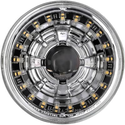 Dapper Lighting; LED Seven Projector Headlight; High/Low Beam; Chrome Housing; Clear Glass Lens; Modern Switchback Halo