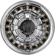 Dapper Lighting; LED Seven Projector Headlight; High/Low Beam; Chrome Housing; Clear Glass Lens; Modern Switchback Halo