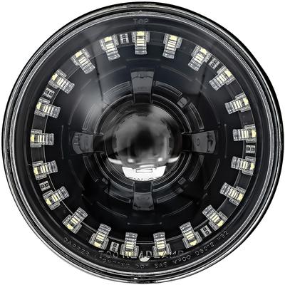 Dapper Lighting; LED Seven Projector Headlight; High/Low Beam; Black Housing; Clear Glass Lens; Modern White Halo