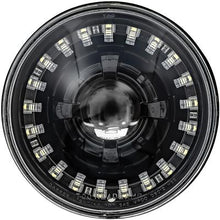 Dapper Lighting; LED Seven Projector Headlight; High/Low Beam; Black Housing; Clear Glass Lens; Modern White Halo