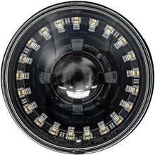 Dapper Lighting; LED Seven Projector Headlight; High/Low Beam; Black Housing; Clear Glass Lens; Modern Switchback Halo
