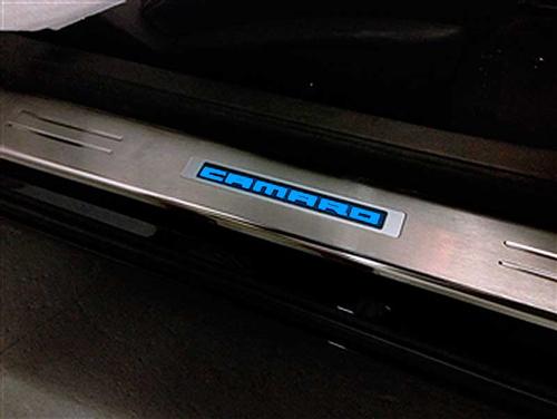 2010-15 Camaro - Illuminated Door Sill Plate Kit w/ Single Color LED - BLUE (Brushed Silver Finish)