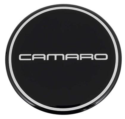 K151797BK - Wheel Center Cap Emblem; with Chrome Camaro; Black Background; 2-15/16