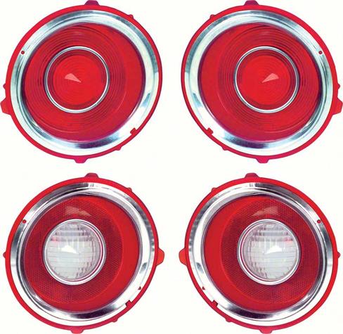 1970-71 Camaro RS; Tail Light & Back Up Lens Kit; with Inner & Outer Chrome Trim Ring; 1st Design; 4 Piece Set