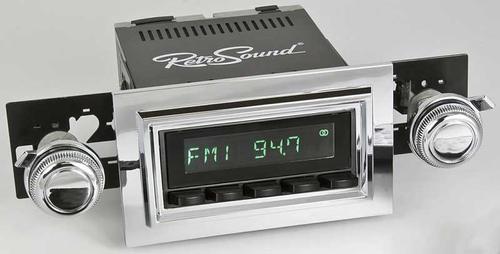 1974-86 RetroSound Long Beach Series Radio - Black Face/Black Buttons/Chrome Bezel/Chrome Knobs