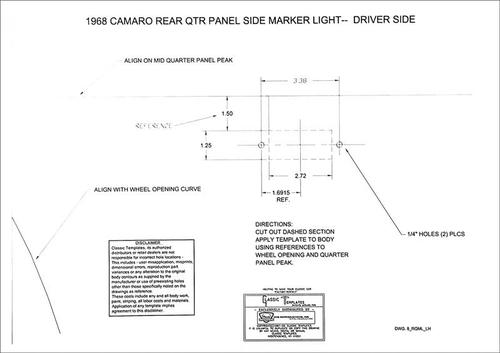 1968 Camaro; Rear Quarter Panel Side Marker Lamp Template; RH and LH