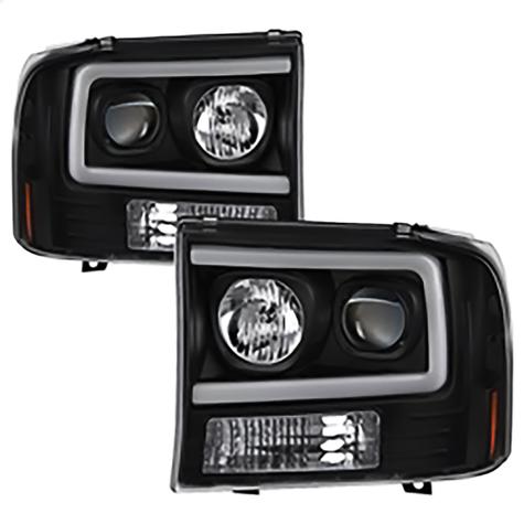 1999-2004 Ford F250 Super Duty & Excursion; 1PC Light Bar Projector Headlights; Black