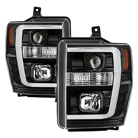2008-2010 Ford F250 & F350 Super Duty; Version 2 Projector Headlights; Light Bar DRL; Black