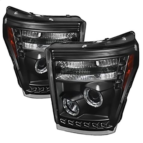 2011-2016 Ford F250 & F350 Super Duty; Projector Headlights; LED Halo; DRL; Black