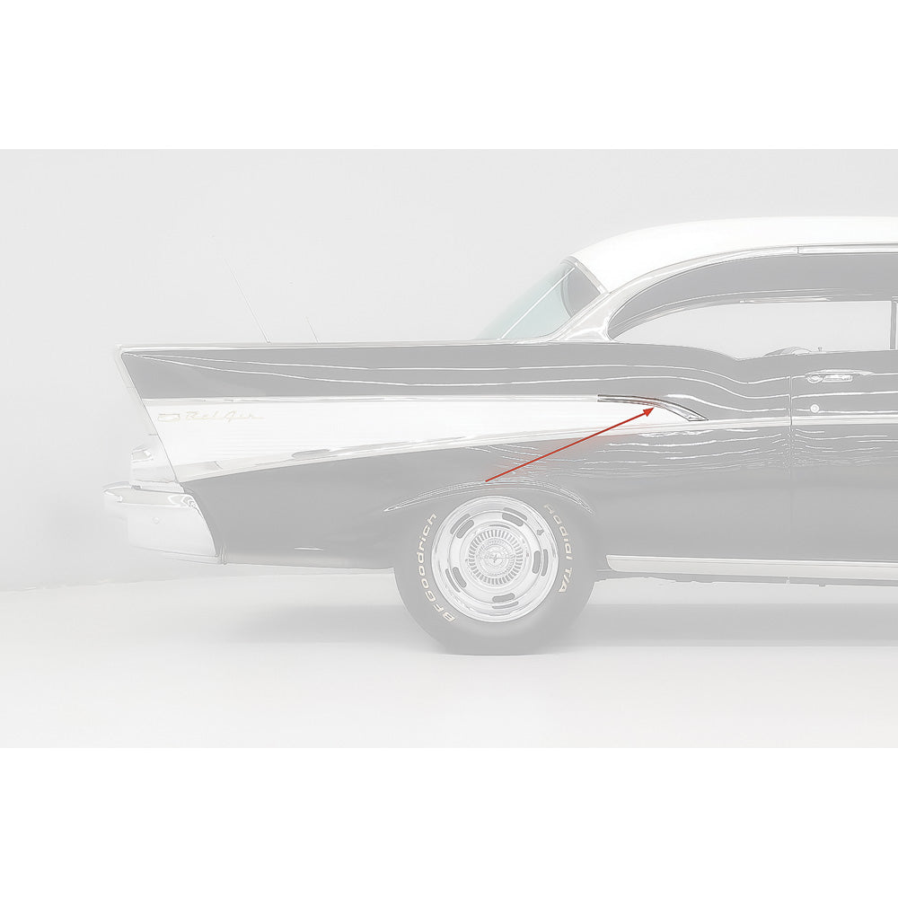 TF400100 - 1957 Chevy Bel Air, 210; Upper Short Curve Quarter Molding; Polished Stainless Steel; 2 Door; RH Passenger Si