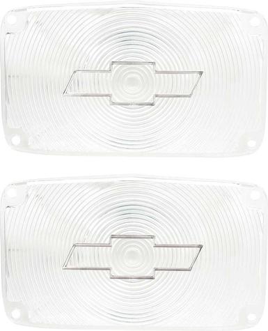 1956 Chevrolet Bel Air, 150, 210, Nomad; Park Lamp Lens; Clear; With Chrome Bow Tie; Pair