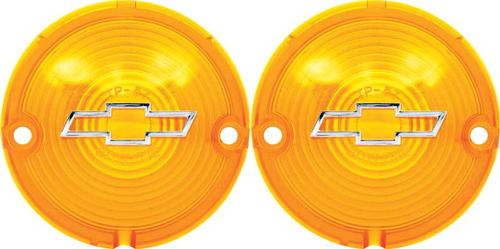 1957 Chevrolet Bel  Air, 150, 210, Nomad; Park Lamp Lenses; Amber; With Chrome Bow Tie Logo; Pair