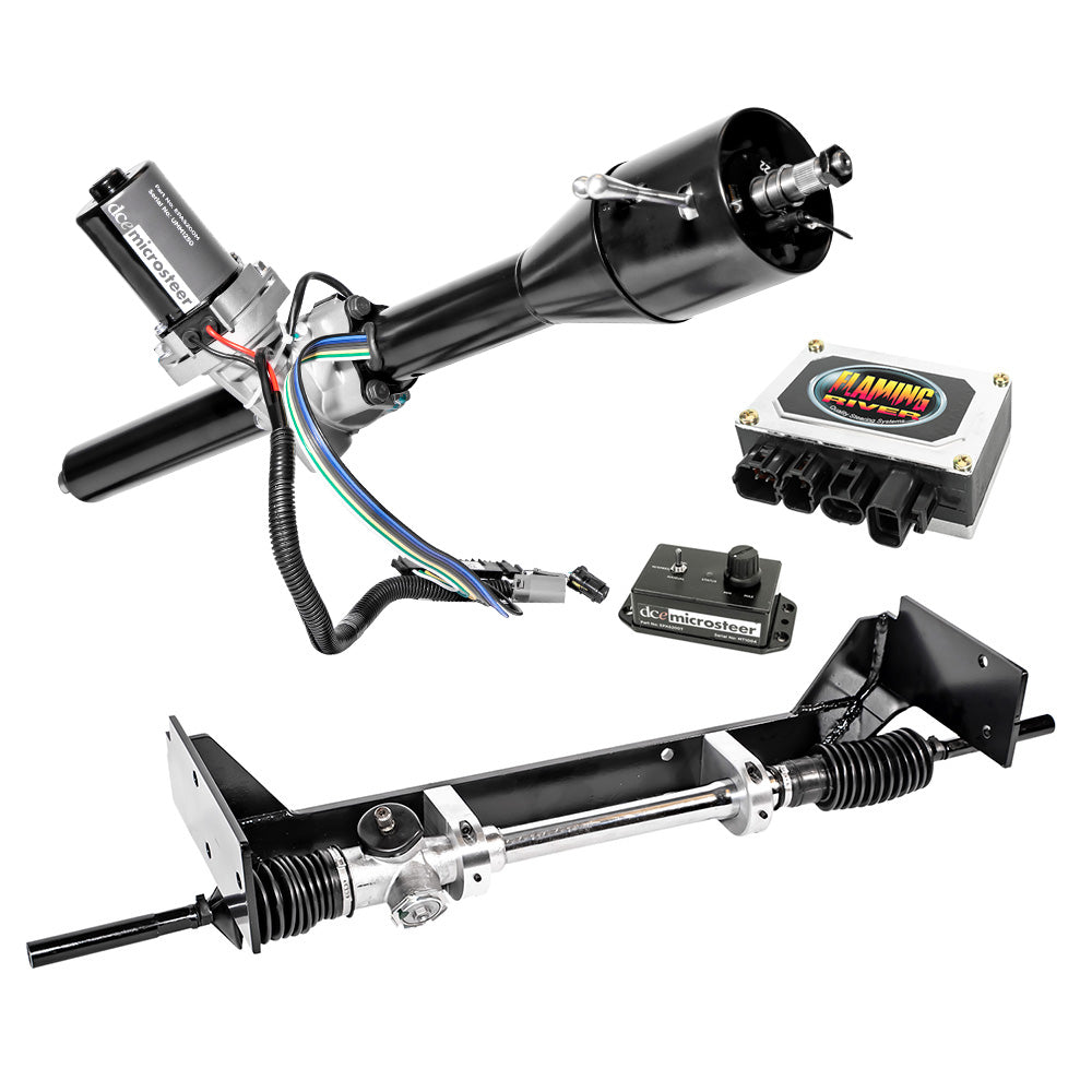 65-66 Mustang Manual Rack & Pinion Cradle Kit with Microsteer Column: OE Spindles - Black Powdercoat Column