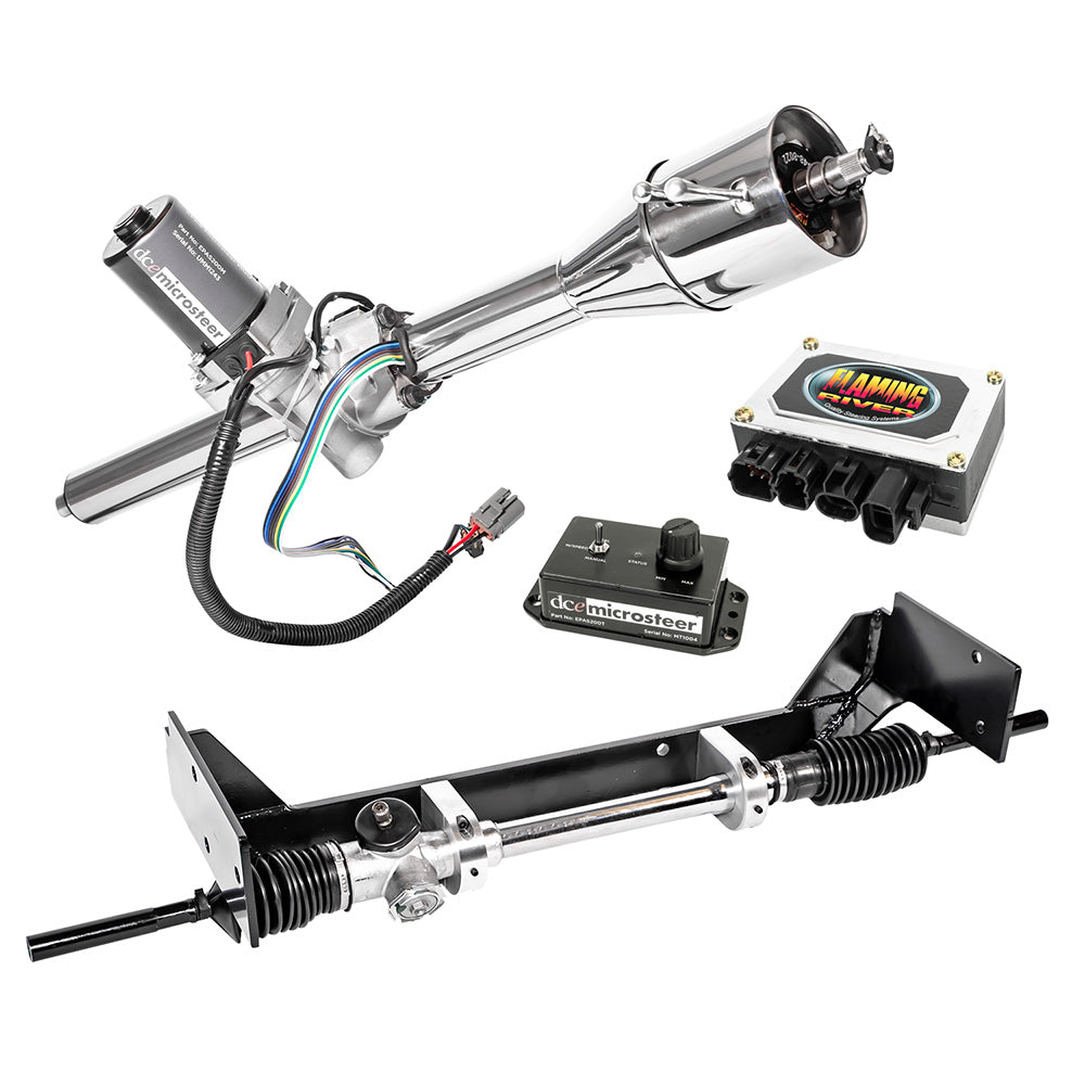 65-66 Mustang Manual Rack & Pinion Cradle Kit with Microsteer Column: OE Spindles - Polished Column