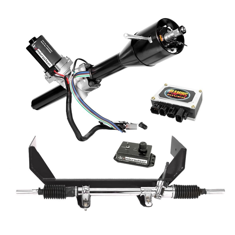 65-66 Mustang Manual Rack & Pinion Cradle Kit with Microsteer Column: Granada Spindles - Black Powdercoated Column