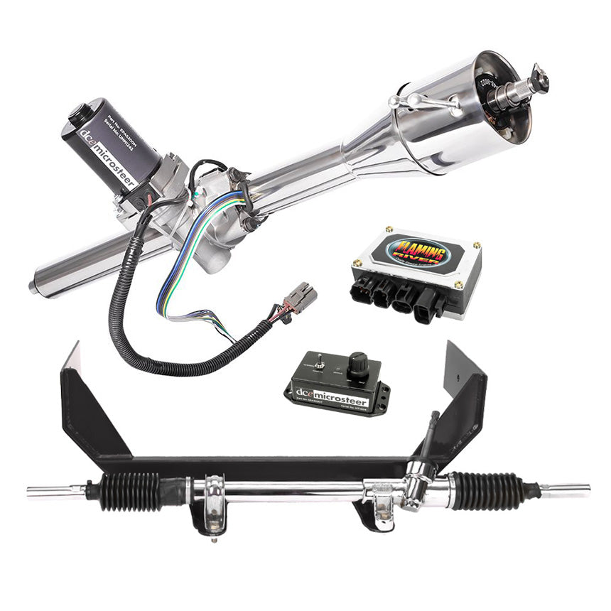 65-66 Mustang Manual Rack & Pinion Cradle Kit with Microsteer Column: Granada Spindles - Polished Column