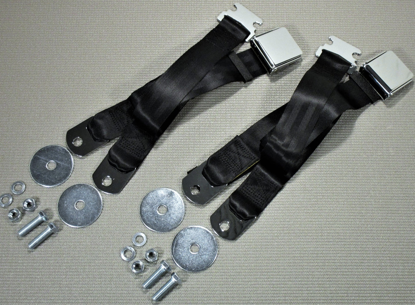 VINTAGE CHROME RETRO HOT ROD MUSCLE CAR TRUCK BLACK SEAT BELTS 2 SETS W/HARDWARE