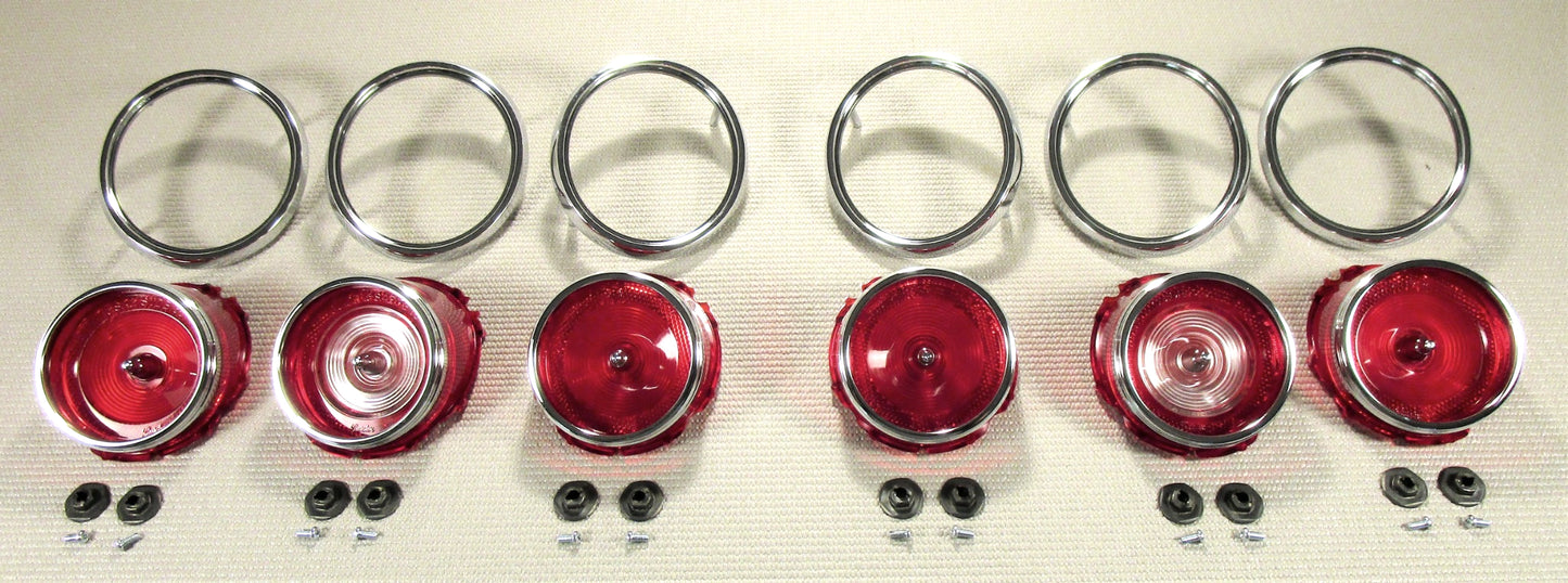 1965 CHEVROLET IMPALA TAIL LAMP LIGHT LENS & HI-SHINE CHROME TRIM RING BEZEL SET