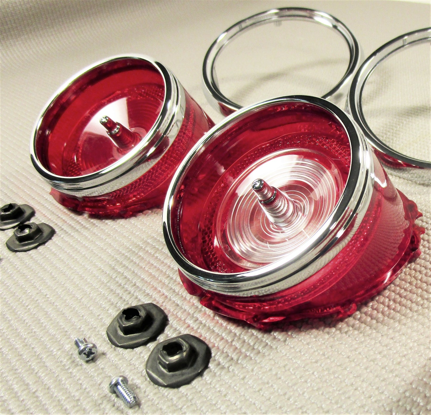 1965 CHEVROLET IMPALA TAIL LAMP LIGHT LENS & HI-SHINE CHROME TRIM RING BEZEL SET