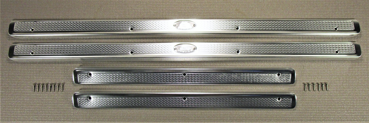 1955-1957 CHEVROLET BEL AIR 4 DOOR SEDAN WGN INTERIOR SILL PLATES W/FISHER LOGO