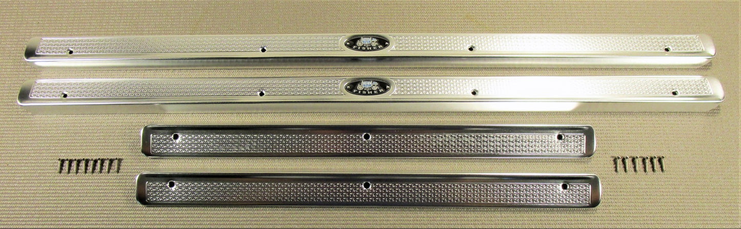 1955-1957 CHEVROLET BEL AIR 4 DOOR SEDAN WGN INTERIOR SILL PLATES W/FISHER LOGO